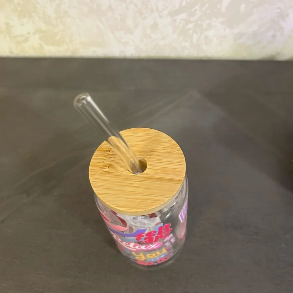 Mental Health Glass Tumbler with lid and straw, Pink Iced Coffee Cup,